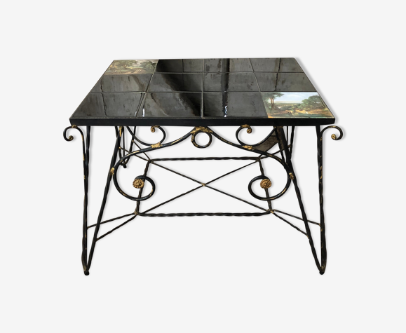 Table basse fer forgé noir & doré plateau carreaux céramique vintage |  Selency