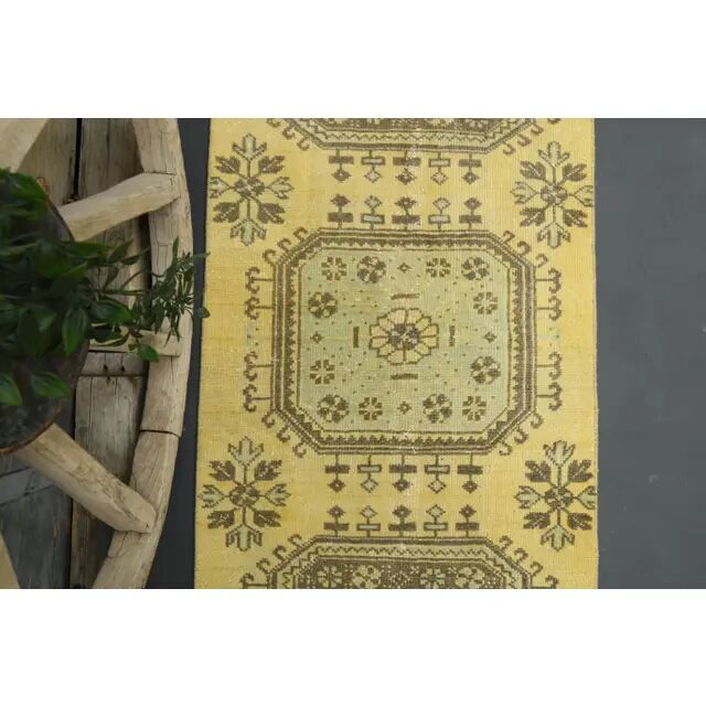 1970s Turkish Oushak Handmade Wool Cotton Yellow Runner 76x302