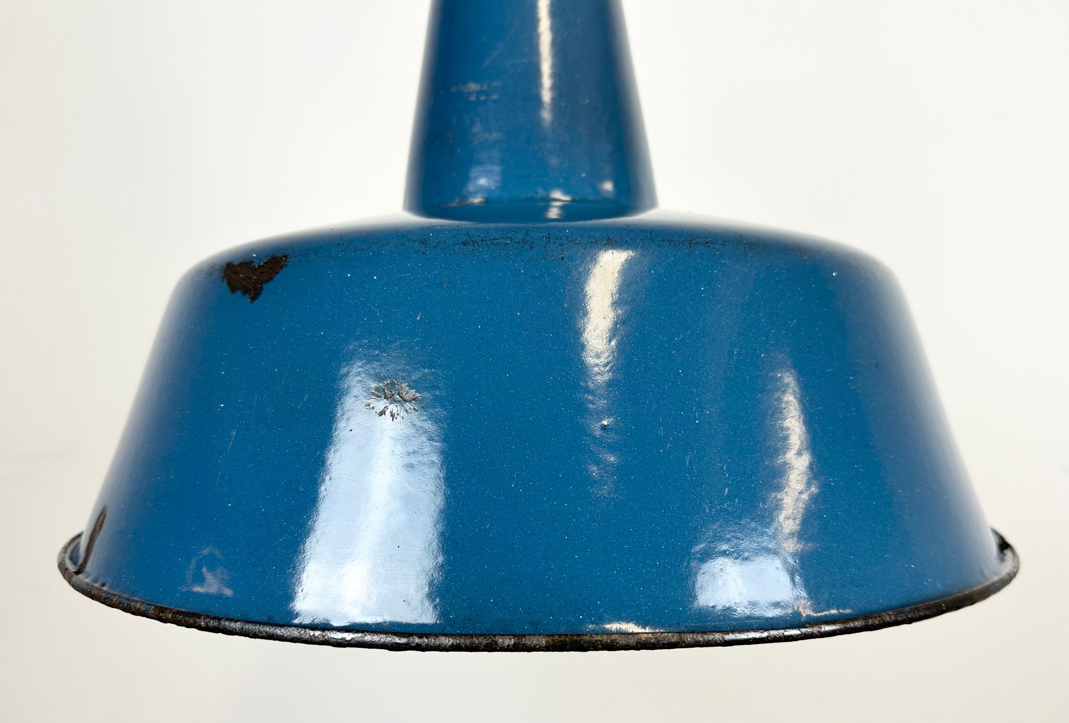 Industrial blue enamel factory lamp with cast iron top, 1960s