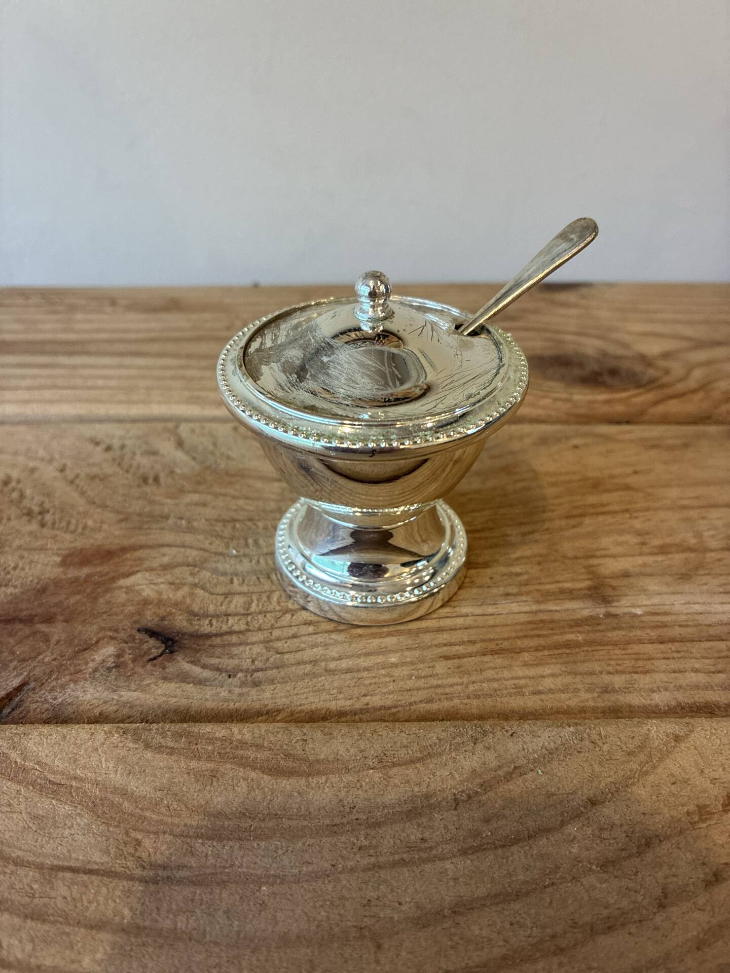 Vintage silver-plated table service duo – Mustard pot with spoon