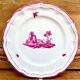 6 old flat table plates, Gien earthenware, pink landscape model.
