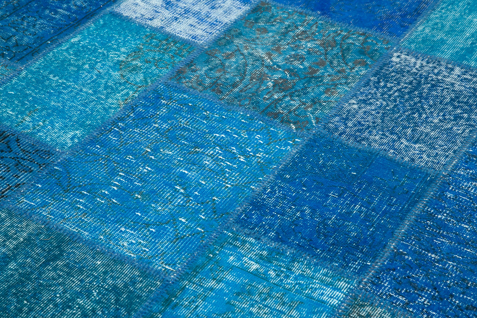 Hand-knotted oriental overdyed 205 cm x 305 cm blue patchwork carpet