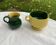 Enameled ceramic bowl and milk jug, two-tone yellow and green, vintage 1950