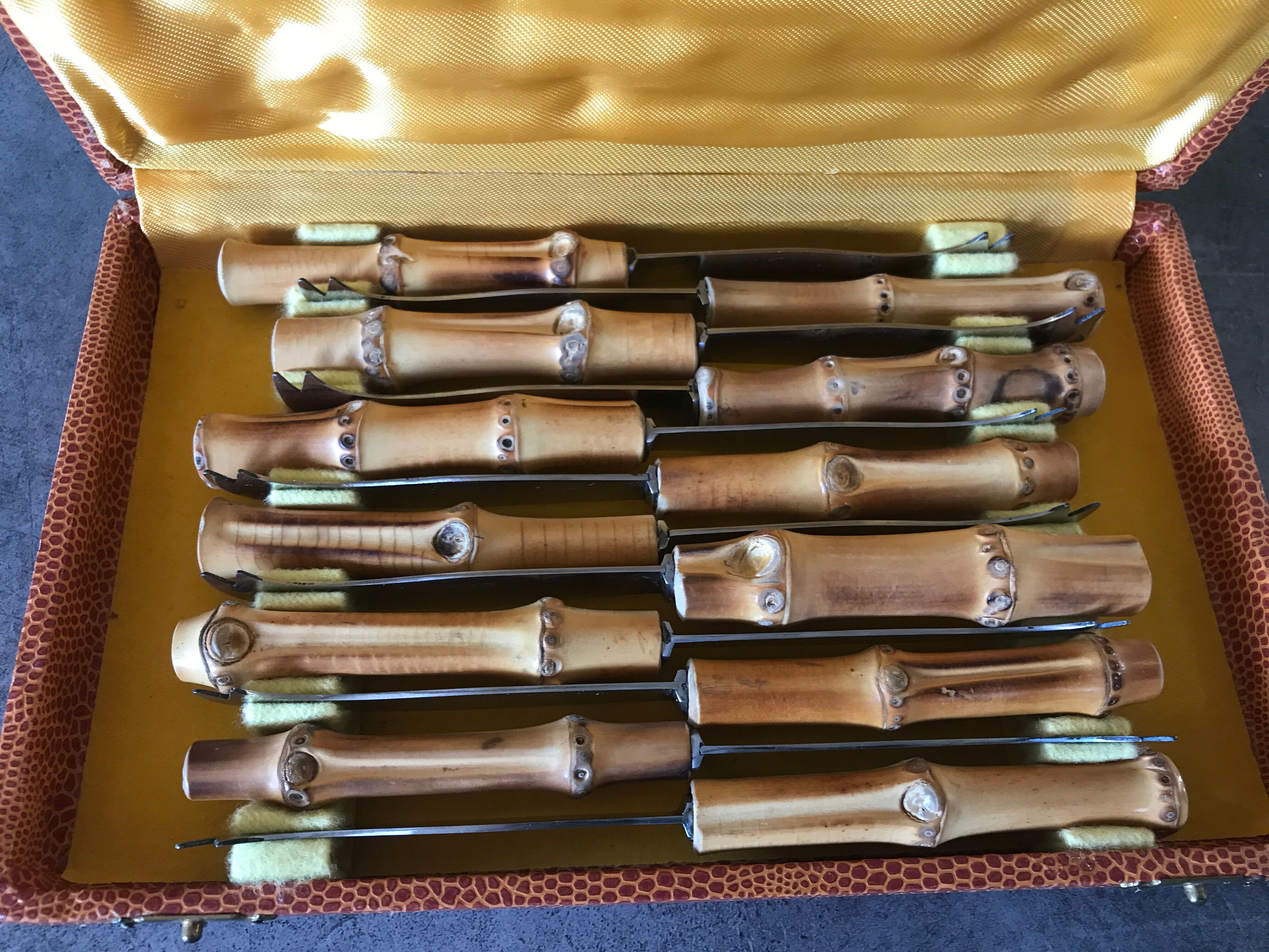 Set of 12 vintage knives bamboo handle cutlery b.j.b in their case