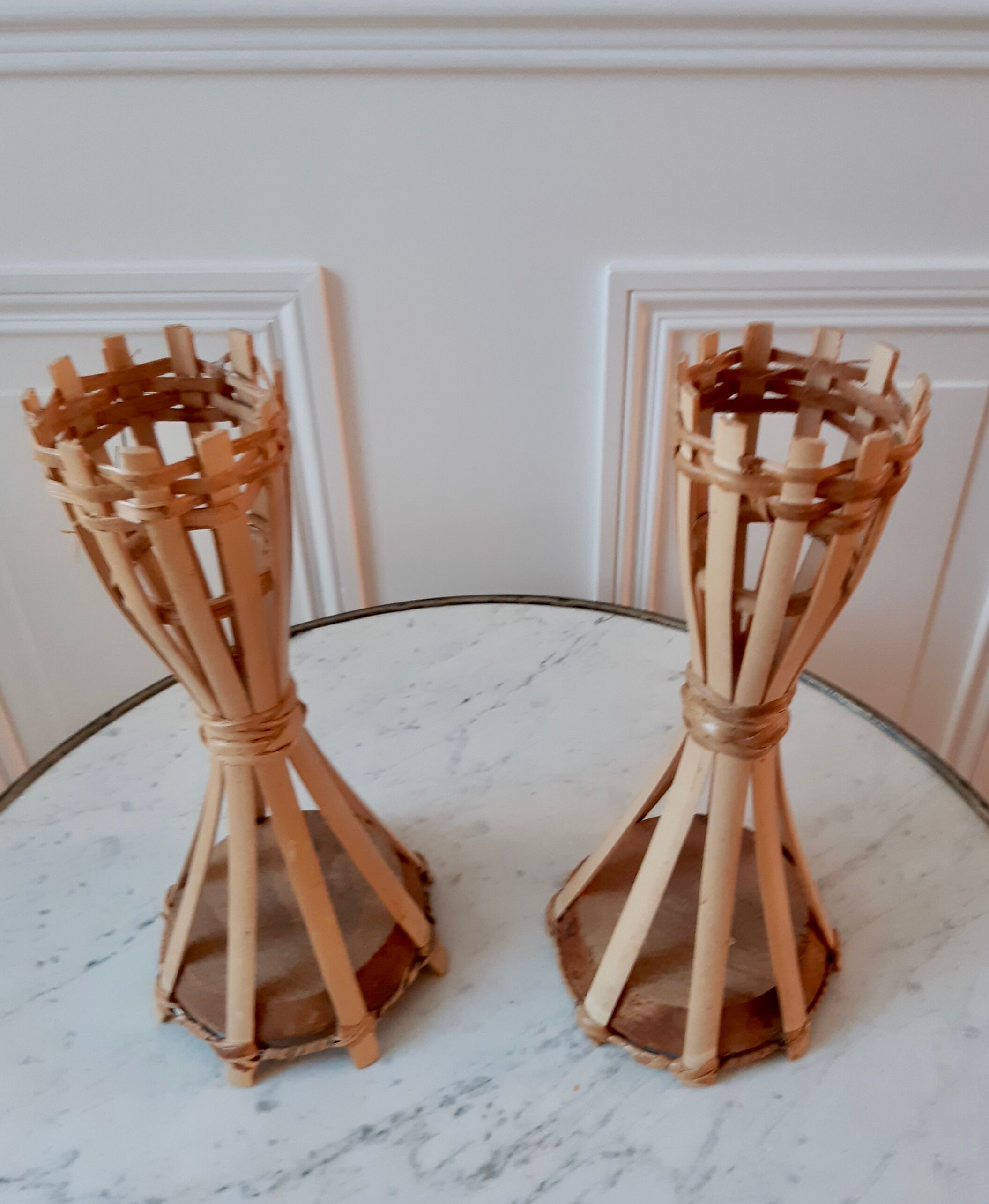 Lot of two rattan/bamboo candlesticks