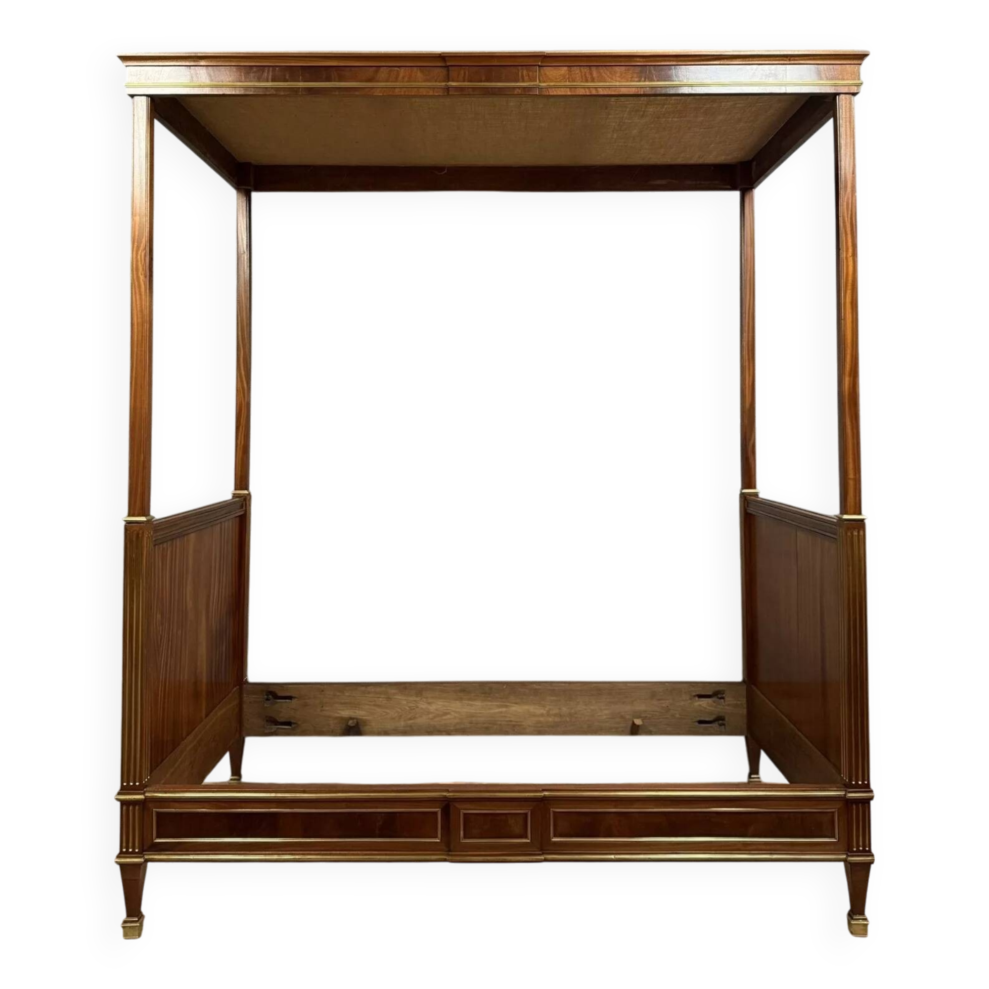 Parisian Louis XVI style four-poster bed in mahogany and gilded bronze circa 1850