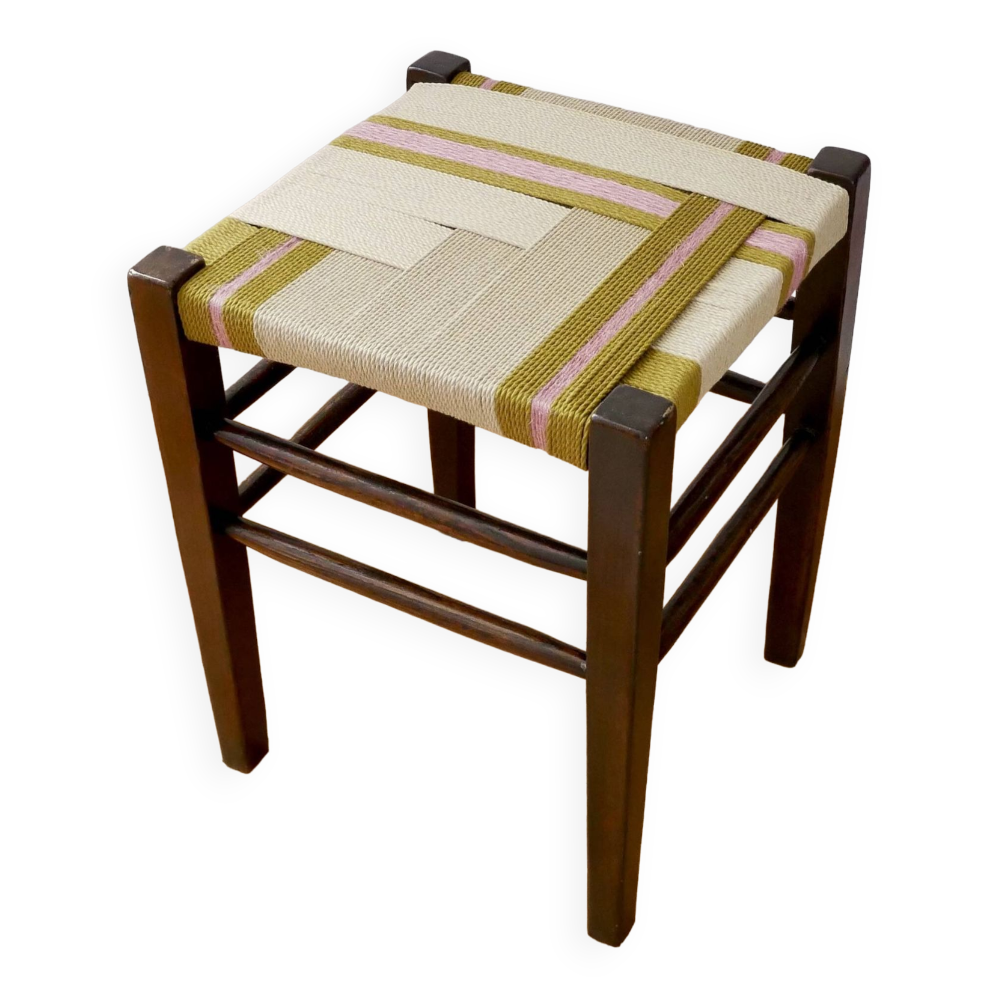 Wooden stool. Vintage stool. woven stool