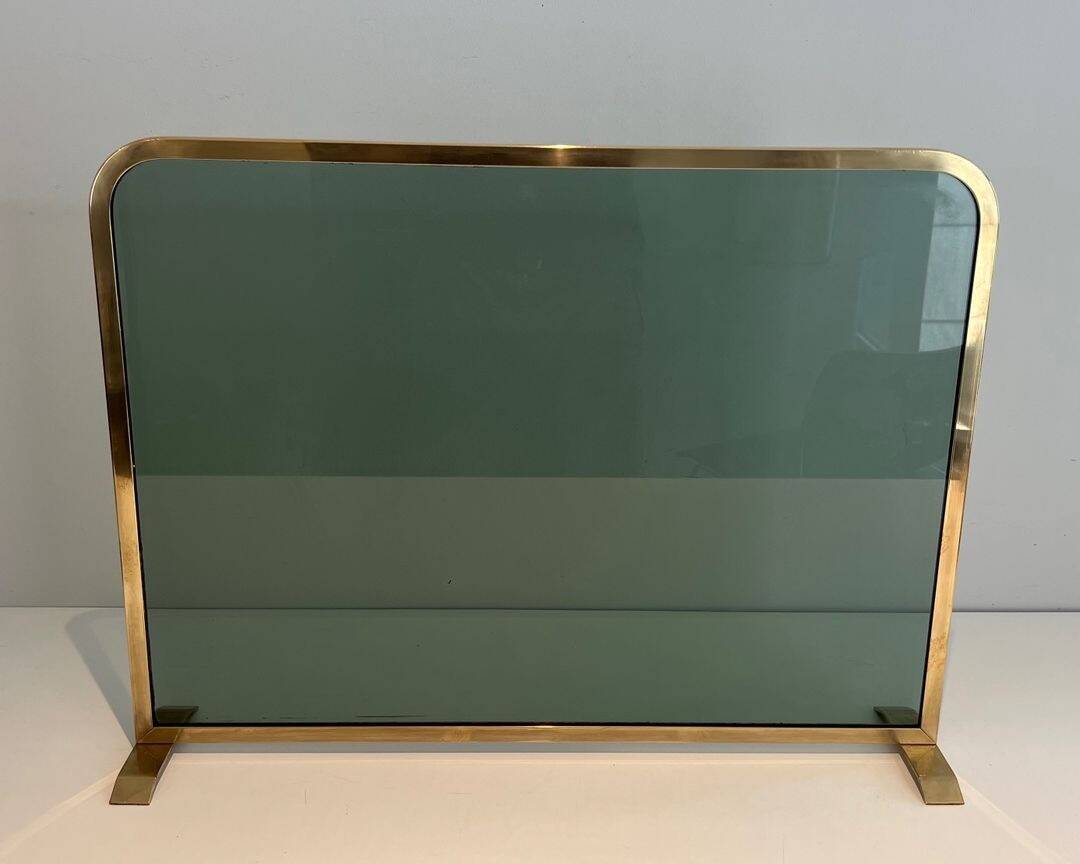 Single Panel Fire Screen in Tinted Green Glass with Brass Frame