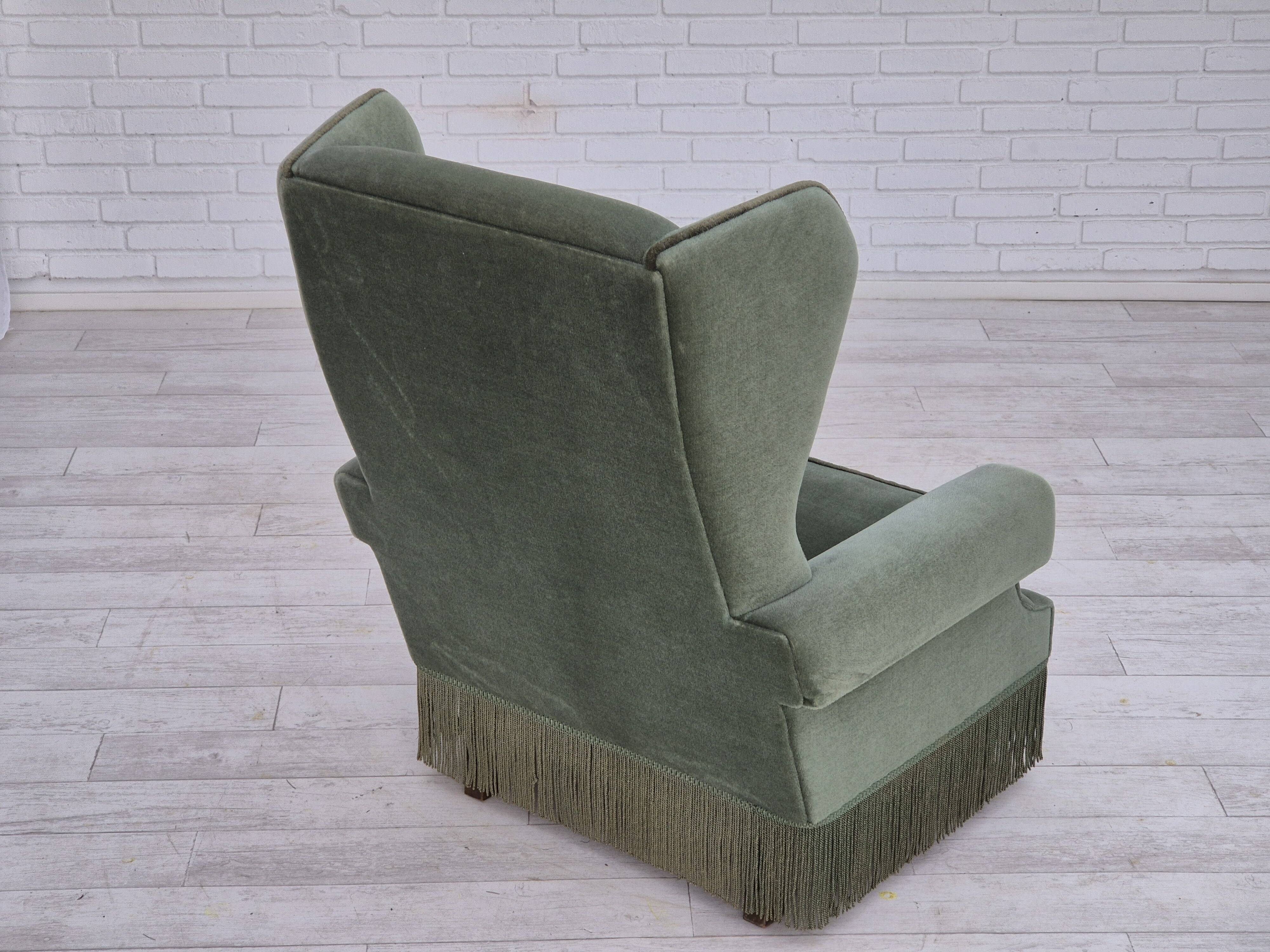 1970s, Danish wingback armchair, original condition, furniture velour, beech wood.