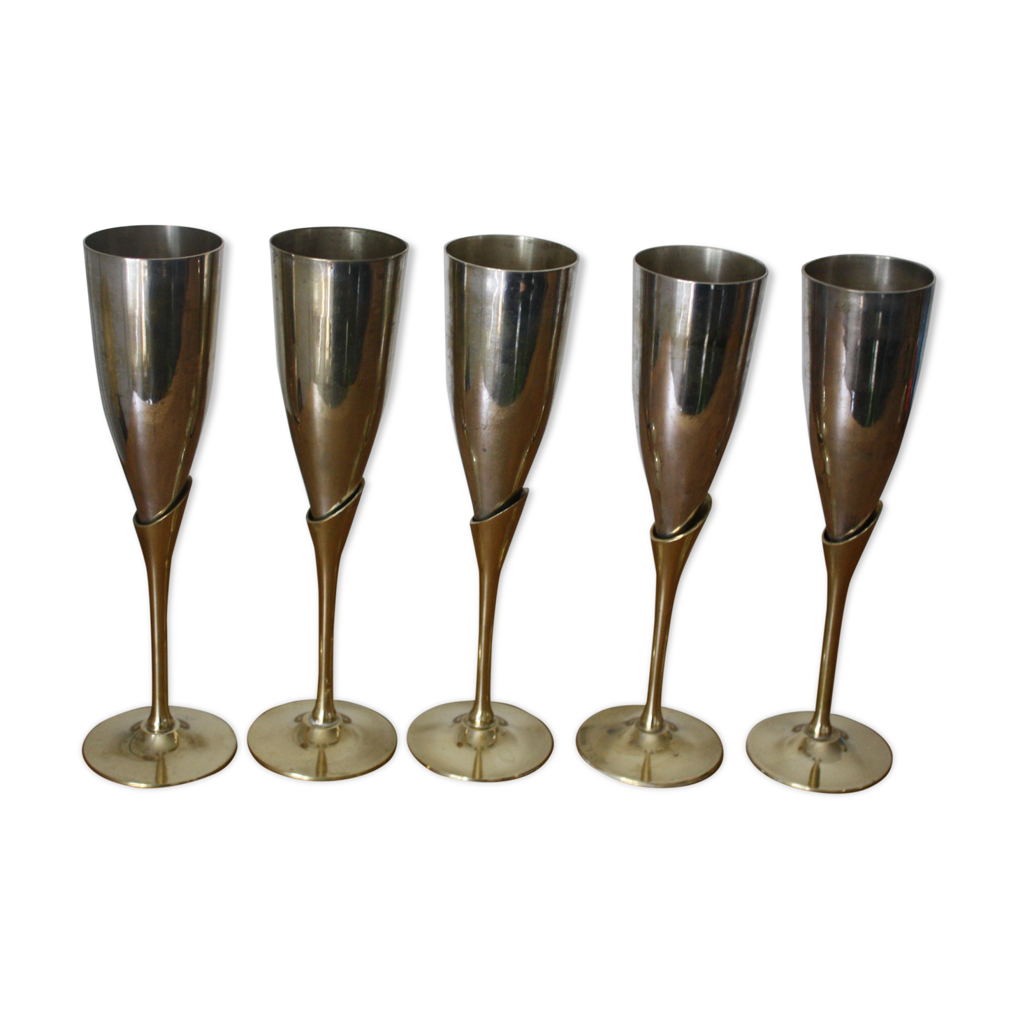 5 metal and brass champagne flutes