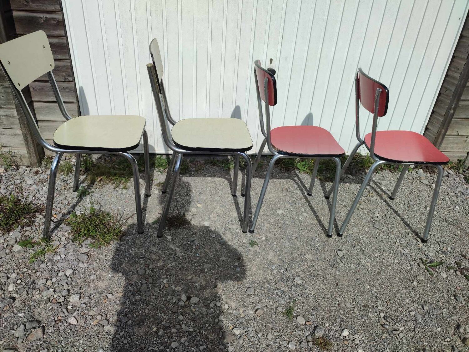 4 vintage red and light yellow Formica chairs