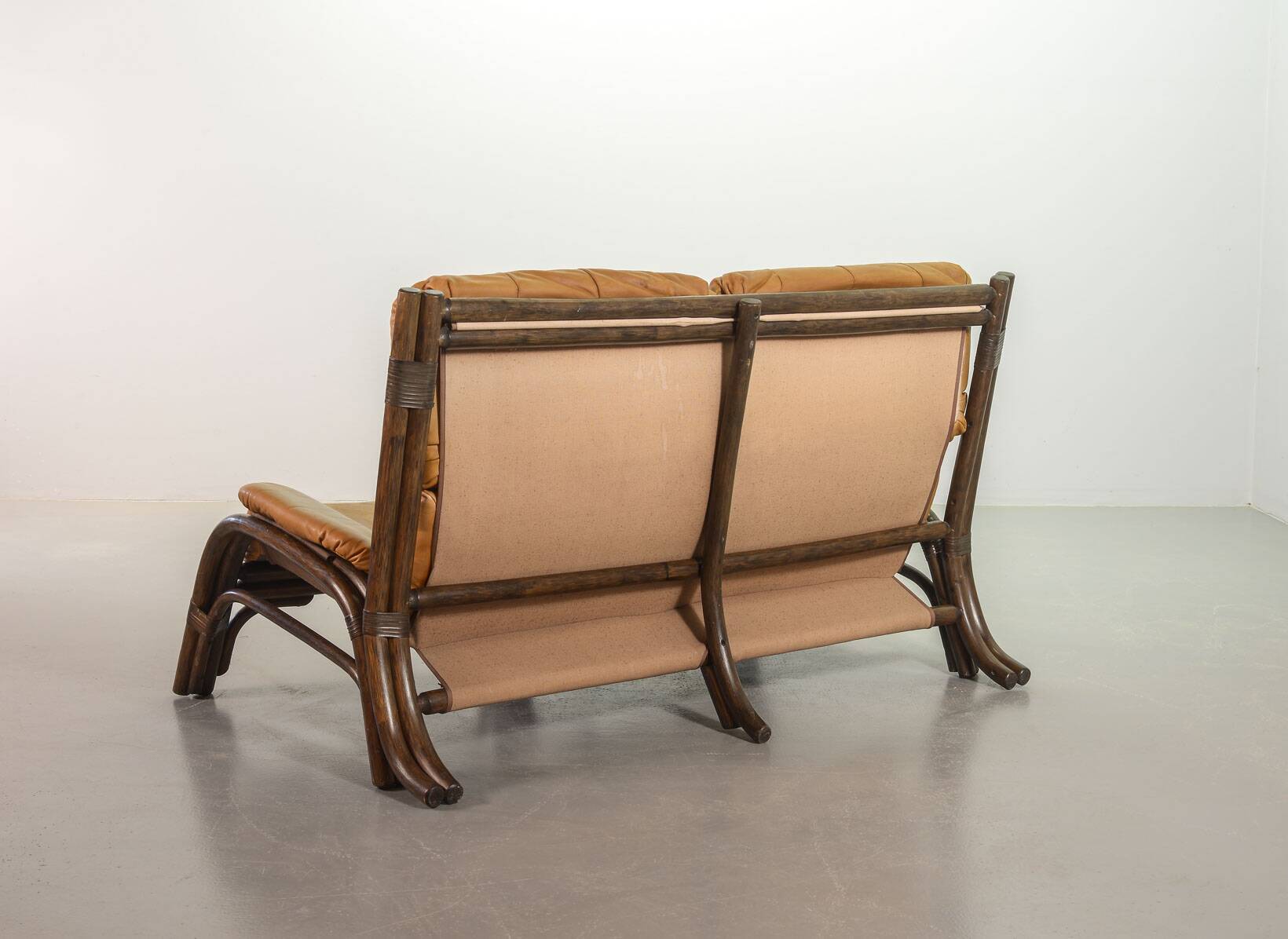 Brutalist Bentwood Love Seat Bamboo Sofa w. Caramel Leather Upholstery, 60s