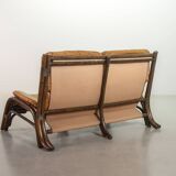 Brutalist Bentwood Love Seat Bamboo Sofa w. Caramel Leather Upholstery, 60s