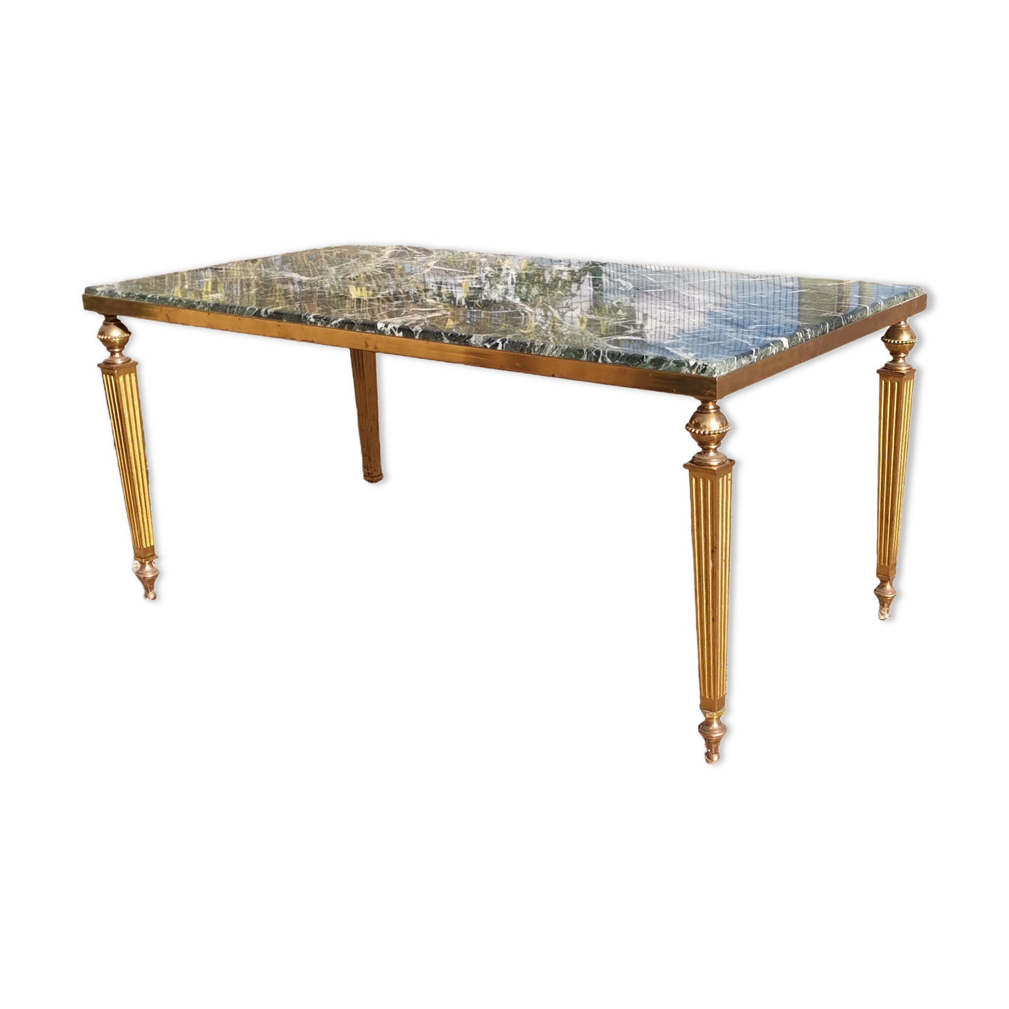 Coffee table in green marble and neoclassical gilded bronze
