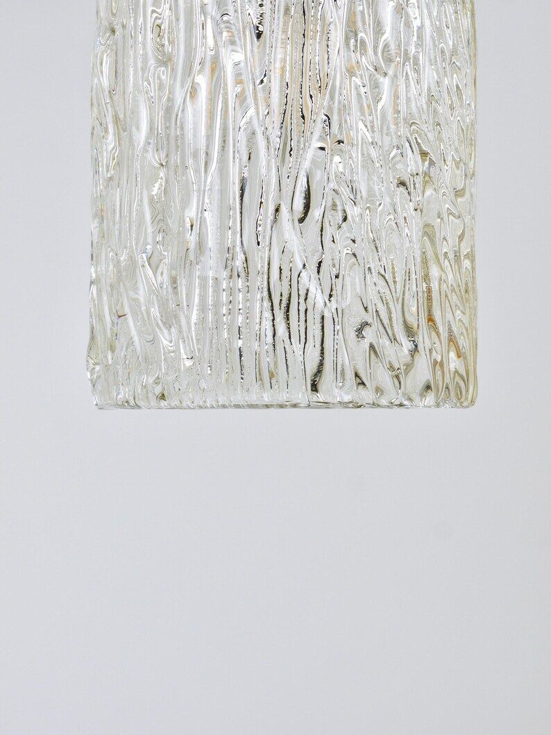 J.T. Kalmar Vienna Midcentury Textured Ice Glass Tube Brass Pendant Lamp, Austria, 1950s