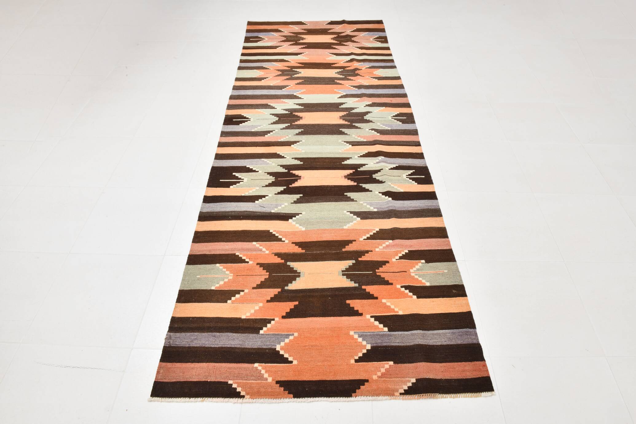 3x10 Orange  Brown Geometric Kilim Runner Rug, Handmade Wool Rug, 108x297Cm