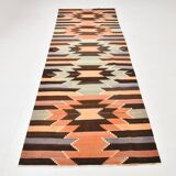 3x10 Orange  Brown Geometric Kilim Runner Rug, Handmade Wool Rug, 108x297Cm