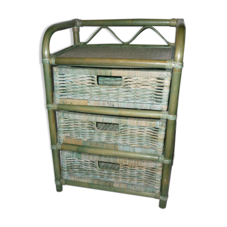 3 bamboo drawers and green rattan bedside