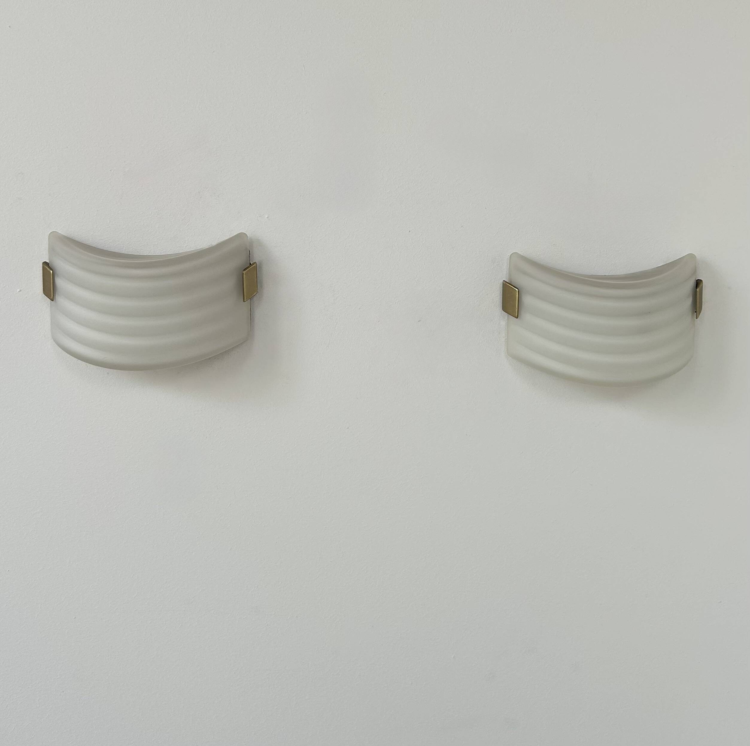 Pair of vintage wall lights, opaline glass and brass, France, 1970.