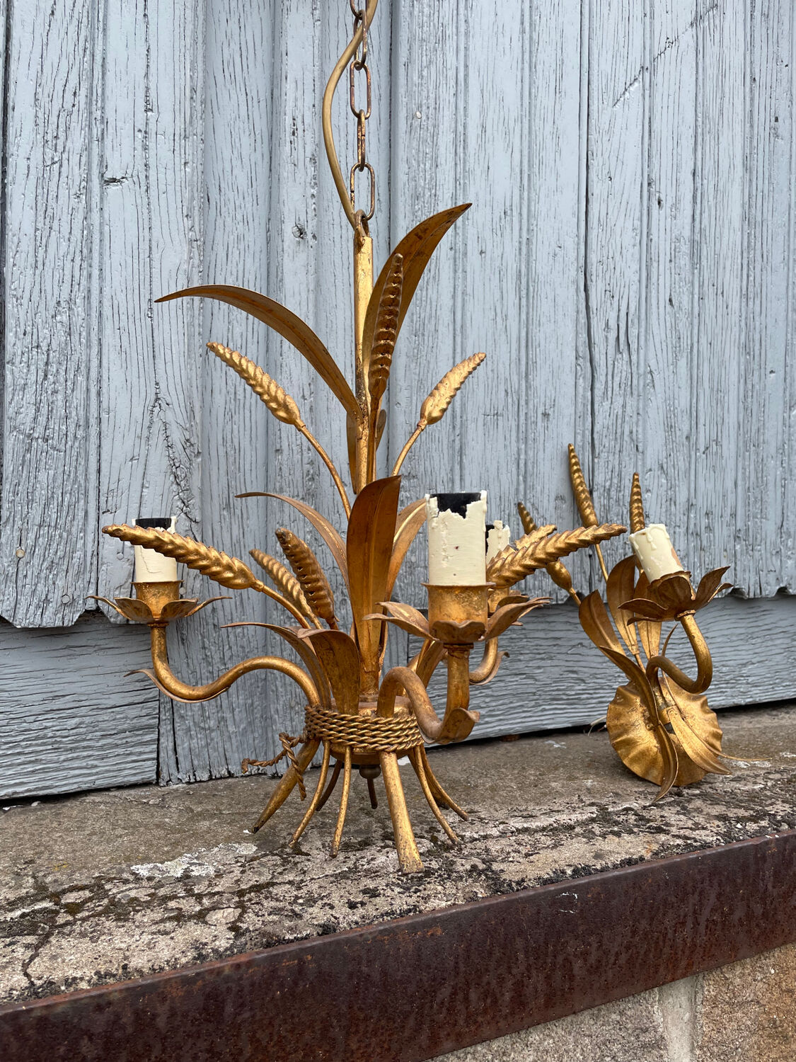 Chandelier and Pair of Wheat Sheaf Wall Lights