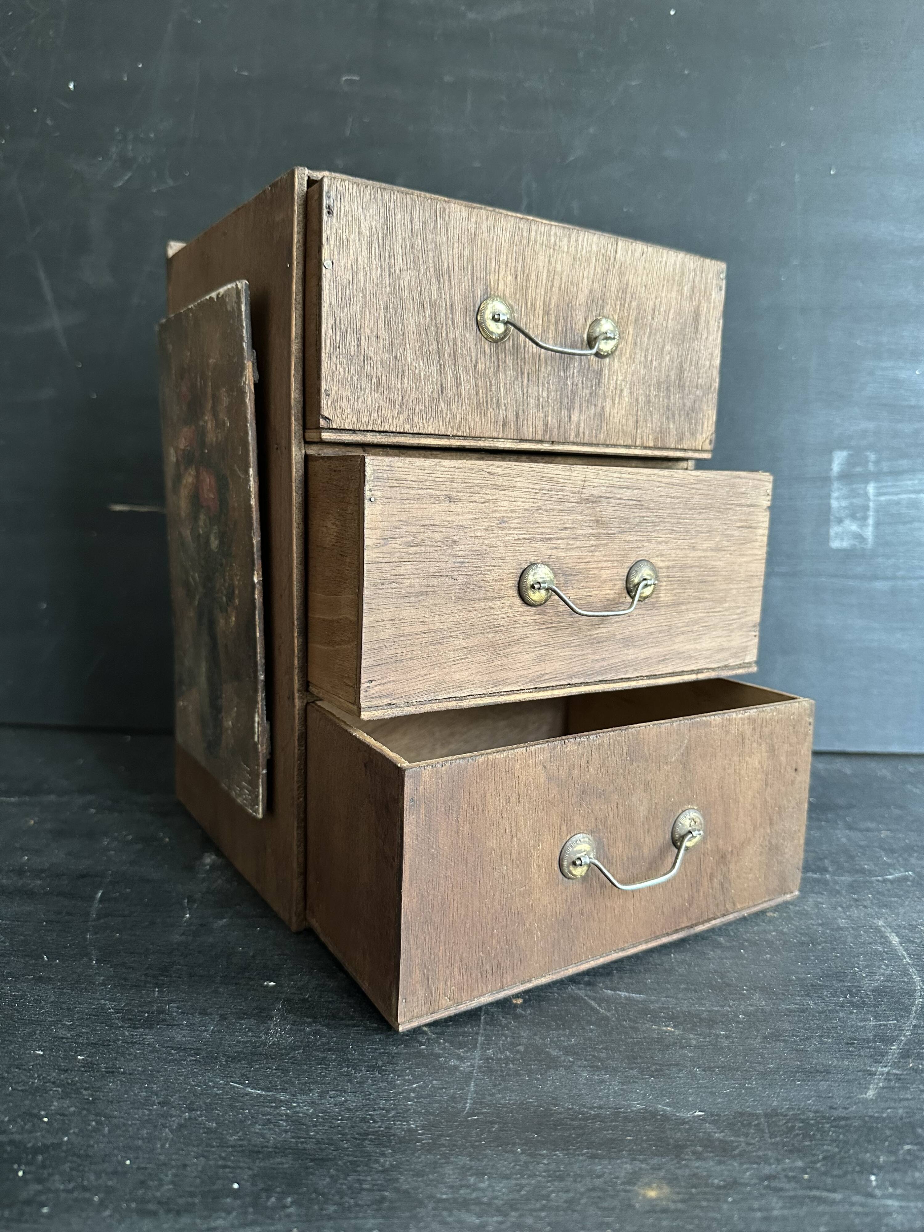 Small antique wooden drawer unit with floral painting, 1900.
