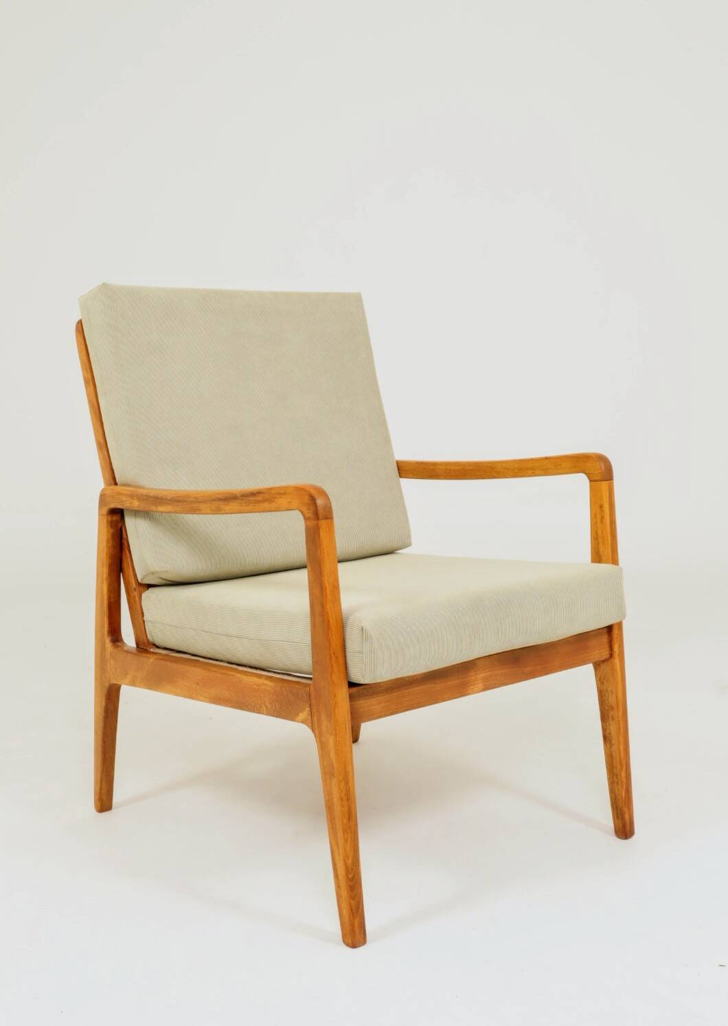 Vintage armchair in khaki corduroy, mid-century modern design from the 1960s.
