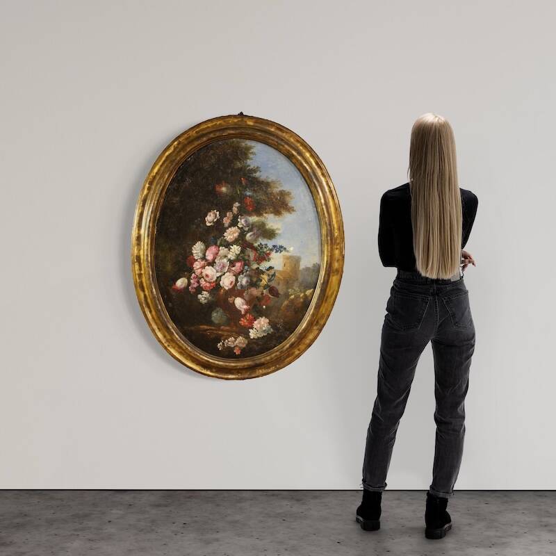 Peinture de nature morte ovale italienne antique du XVIIIe siècle