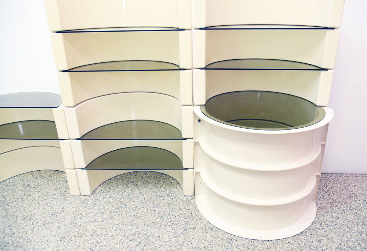 Modular plastic and glass bookcase/bar, Italy, 1970s