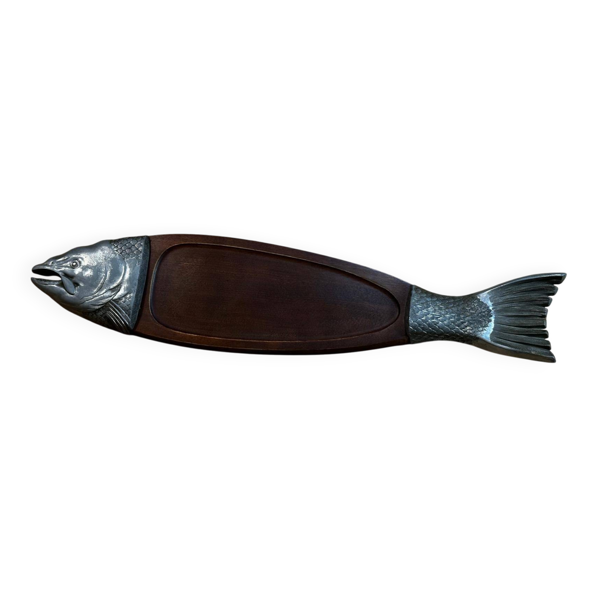 Plat poisson vintage bois et Métal– plateau de service saumon/truite –