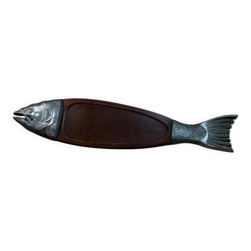 Vintage wooden and metal fish platter – salmon/trout serving tray –