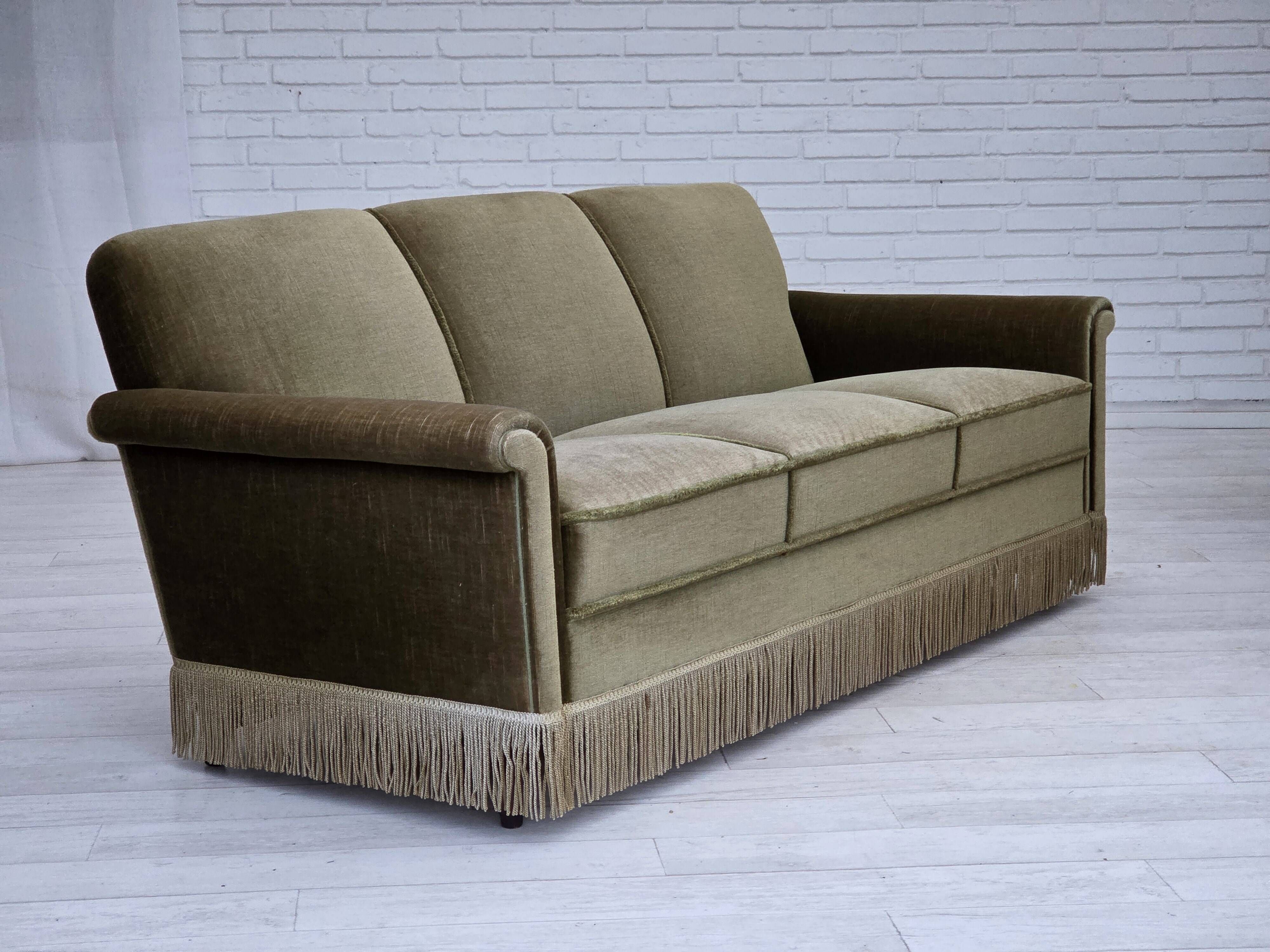 1970s, Danish 3-seater sofa, green furniture velour, teak wood legs.