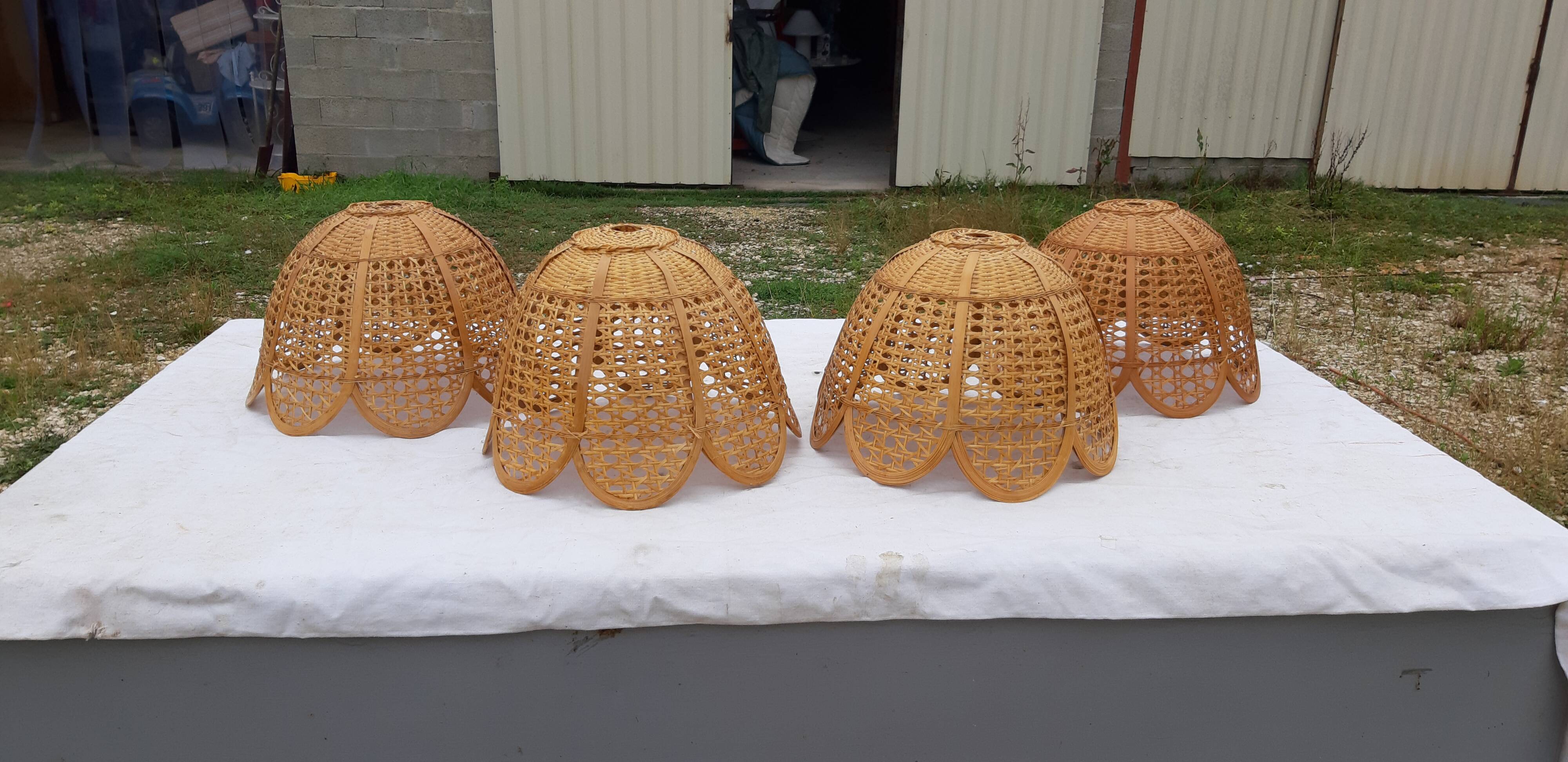 Set of 4 vintage wicker pendant lamps