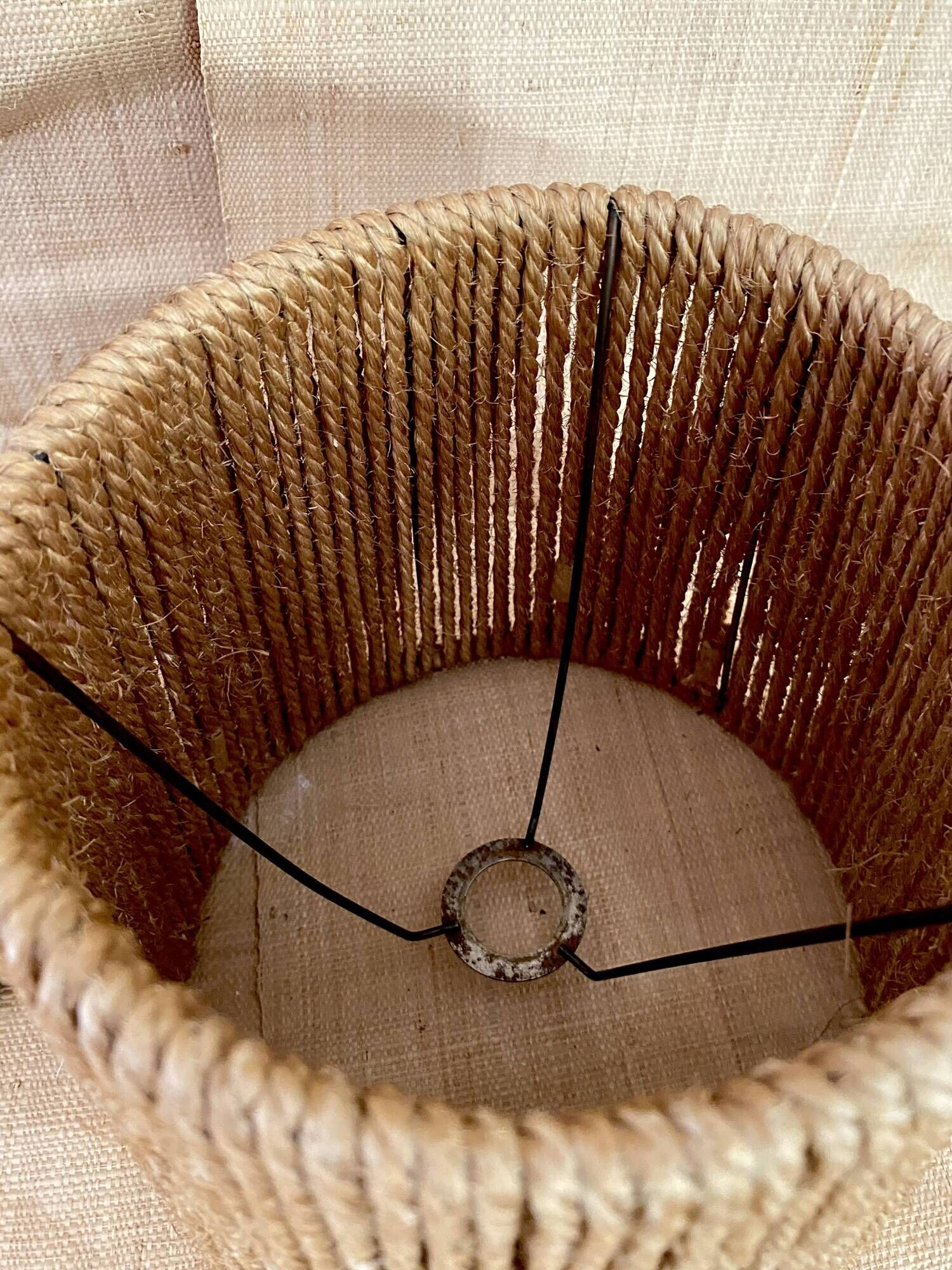 Lampe grès, câble tissu 2 M, abat-jour cordes  1960