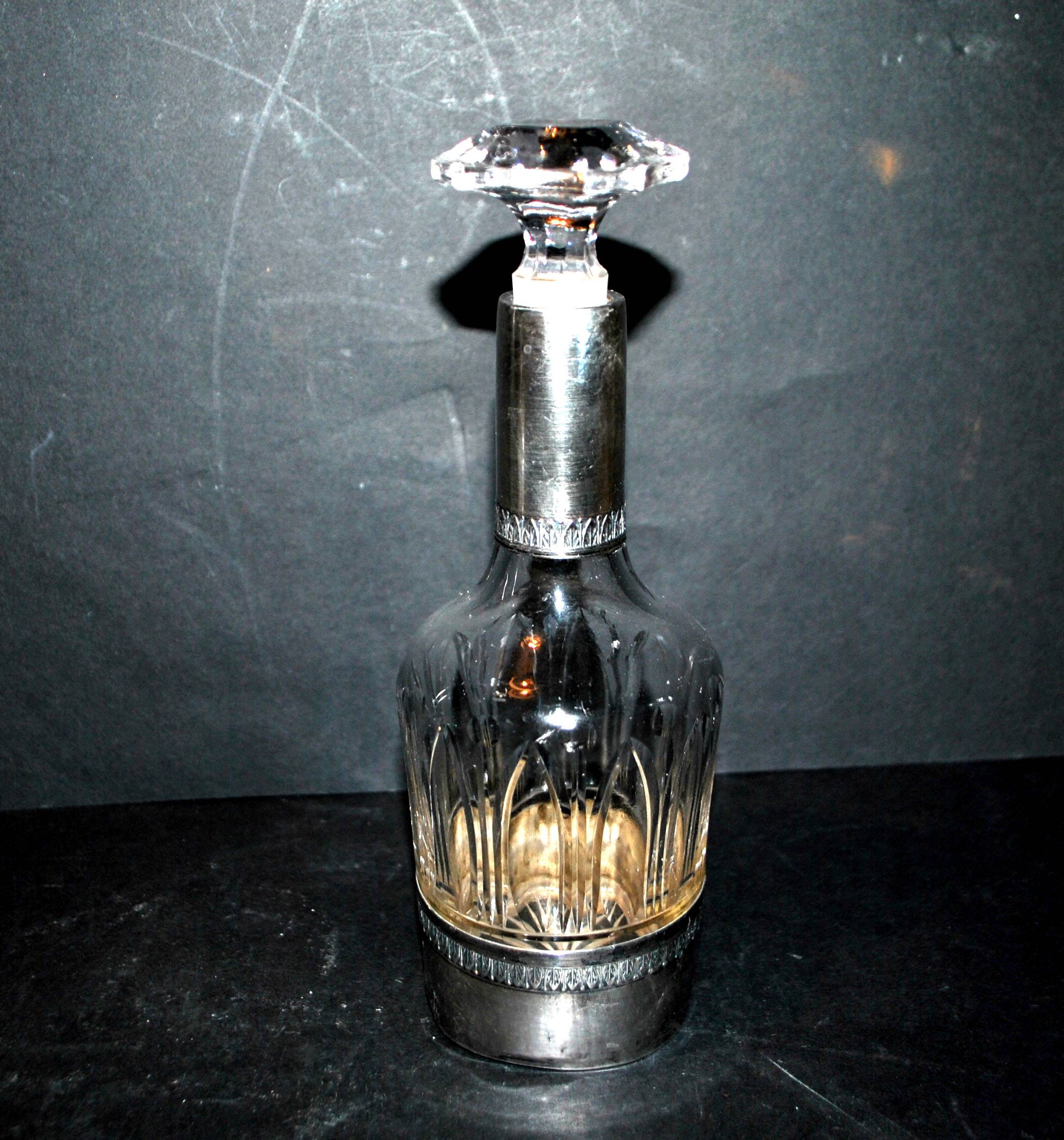 1900 crystal liqueur carafe with water leaf cut + Minerva silver mount