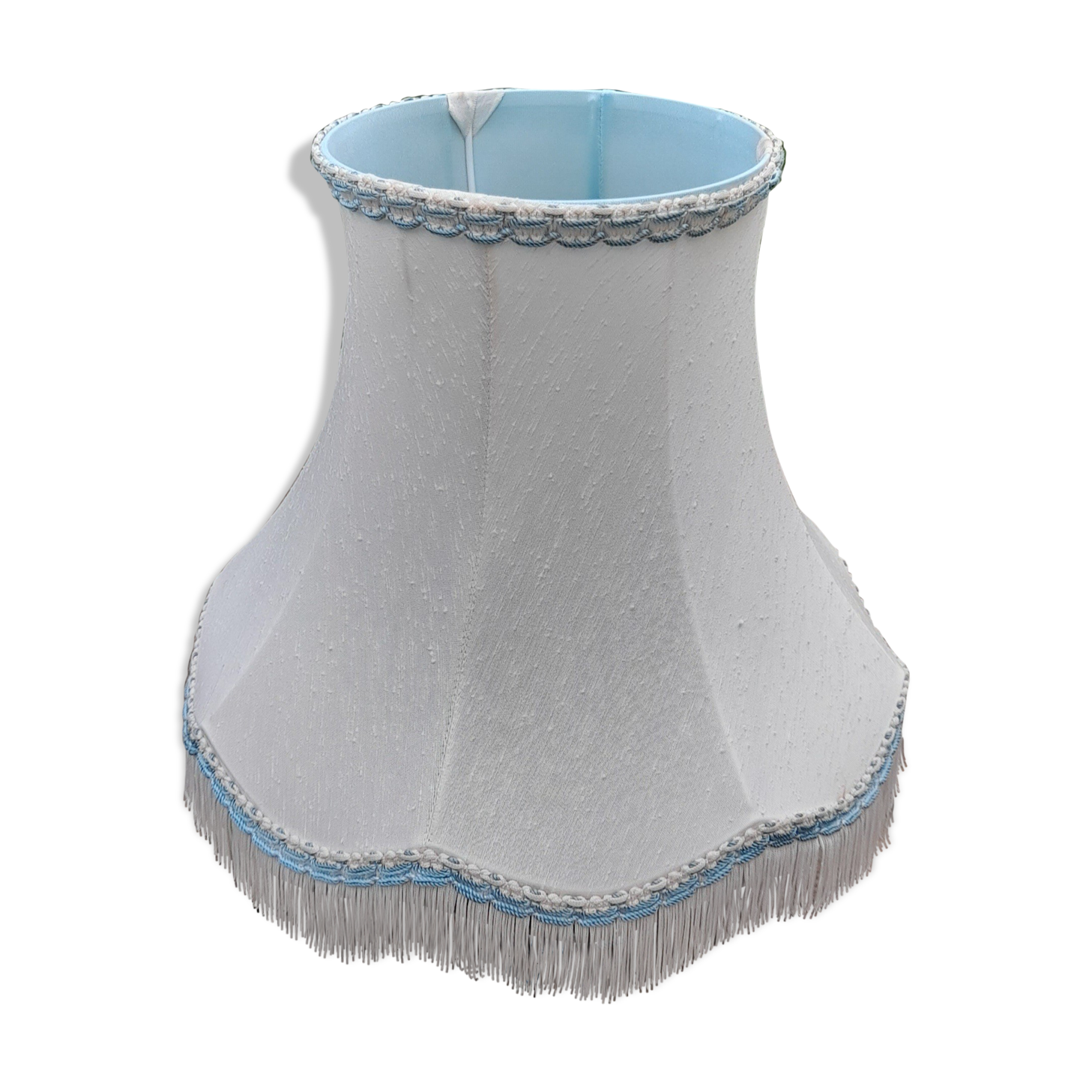 Lampshade pagoda white fabric lined, fringes and blue stripes