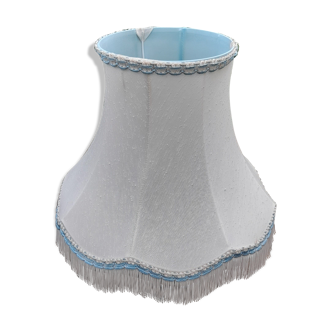 Lampshade pagoda white fabric lined, fringes and blue stripes