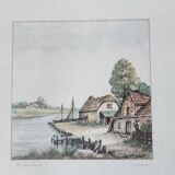 Vintage 3x Ludwig Urack Small German River Scene & Boats Art Prints