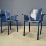 Postmodern blue leather dining chairs Italy, 1980s set of 8