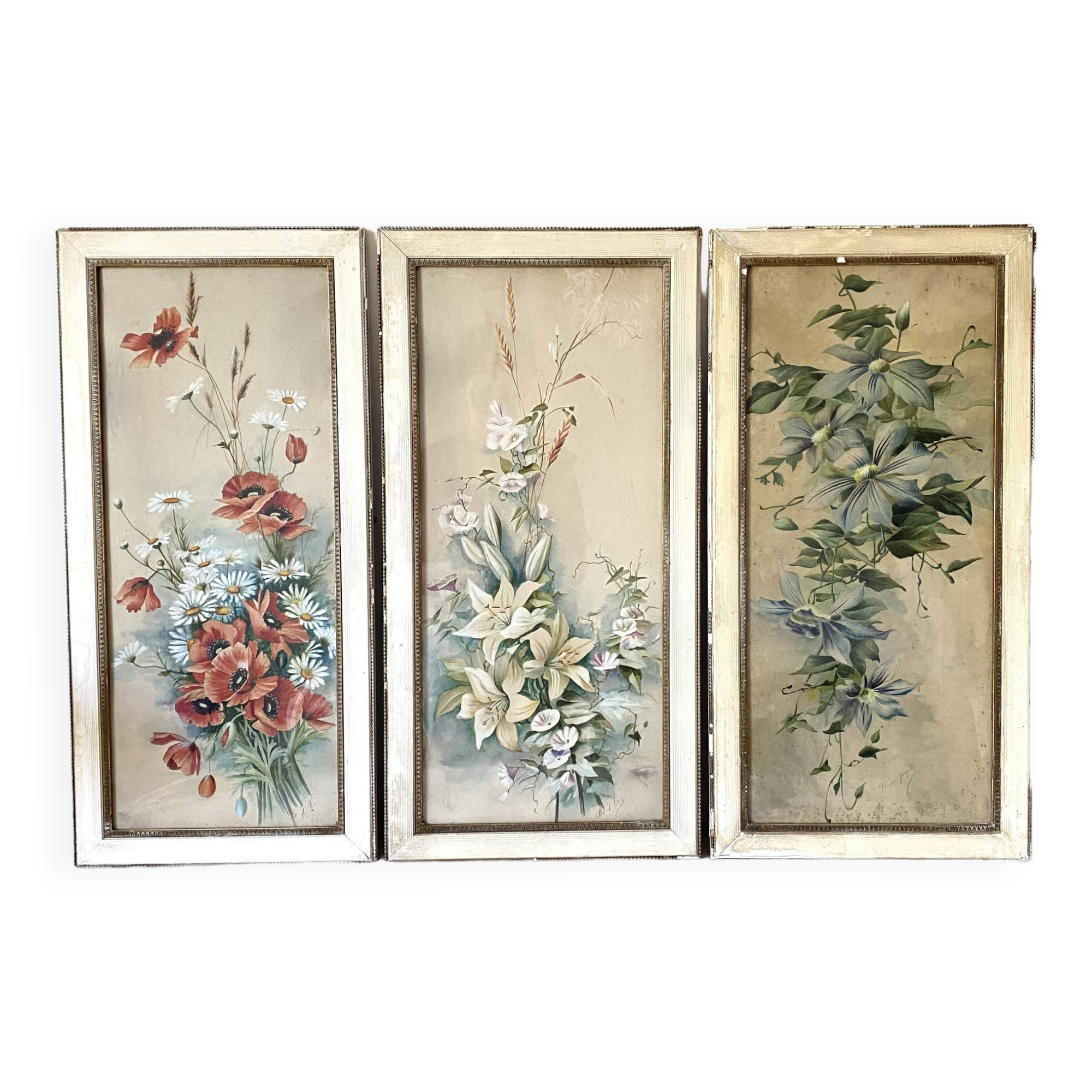 Triptych of old watercolors, flowers, 19th century