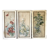 Triptych of old watercolors, flowers, 19th century