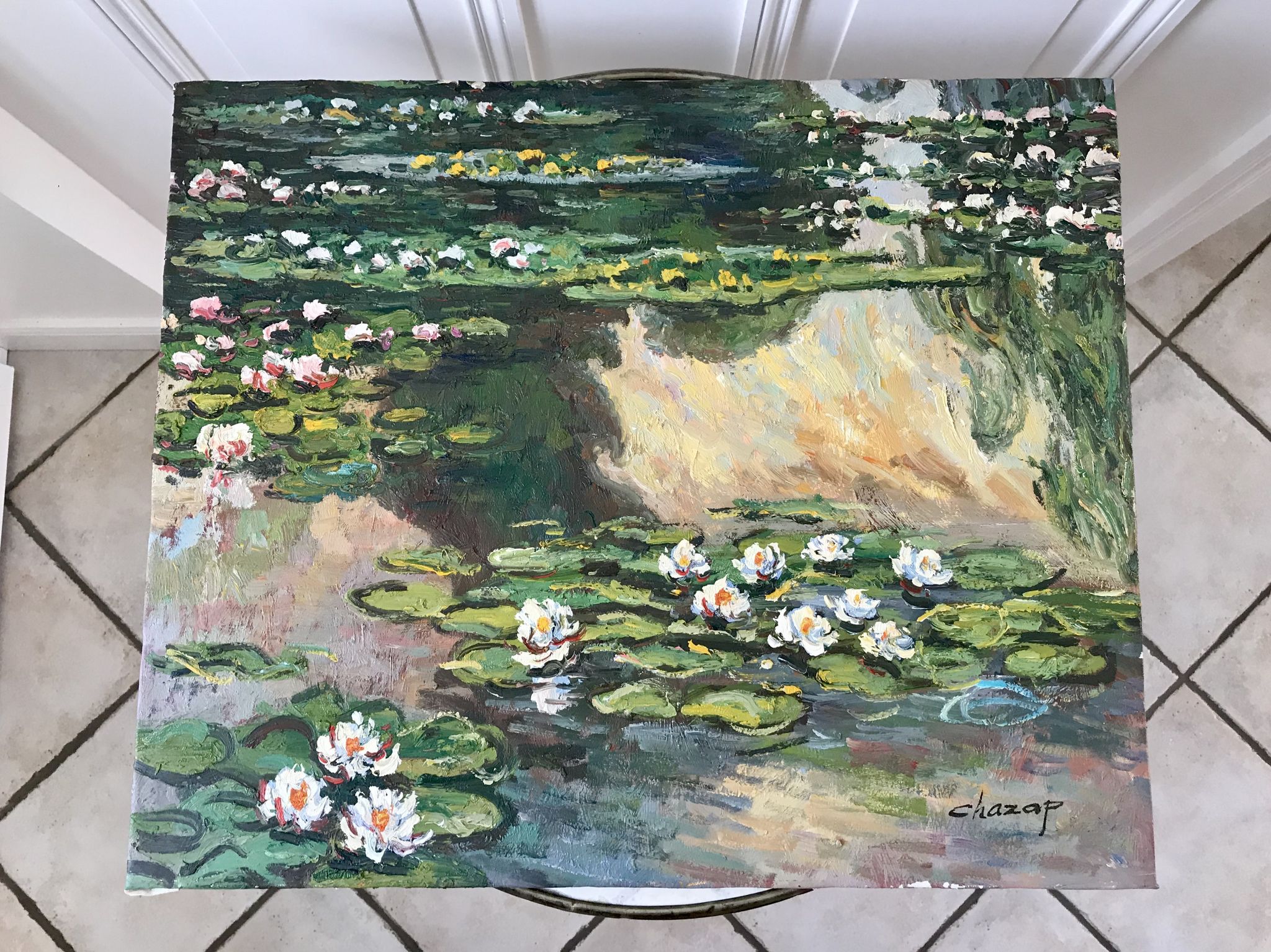 Oil painting on canvas water lilies nymlies signed chazap years 40-50