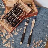 Coffret à Couverts à Poisson Antique en Acier Inoxydable et Bois du Milieu du 20ème Siècle