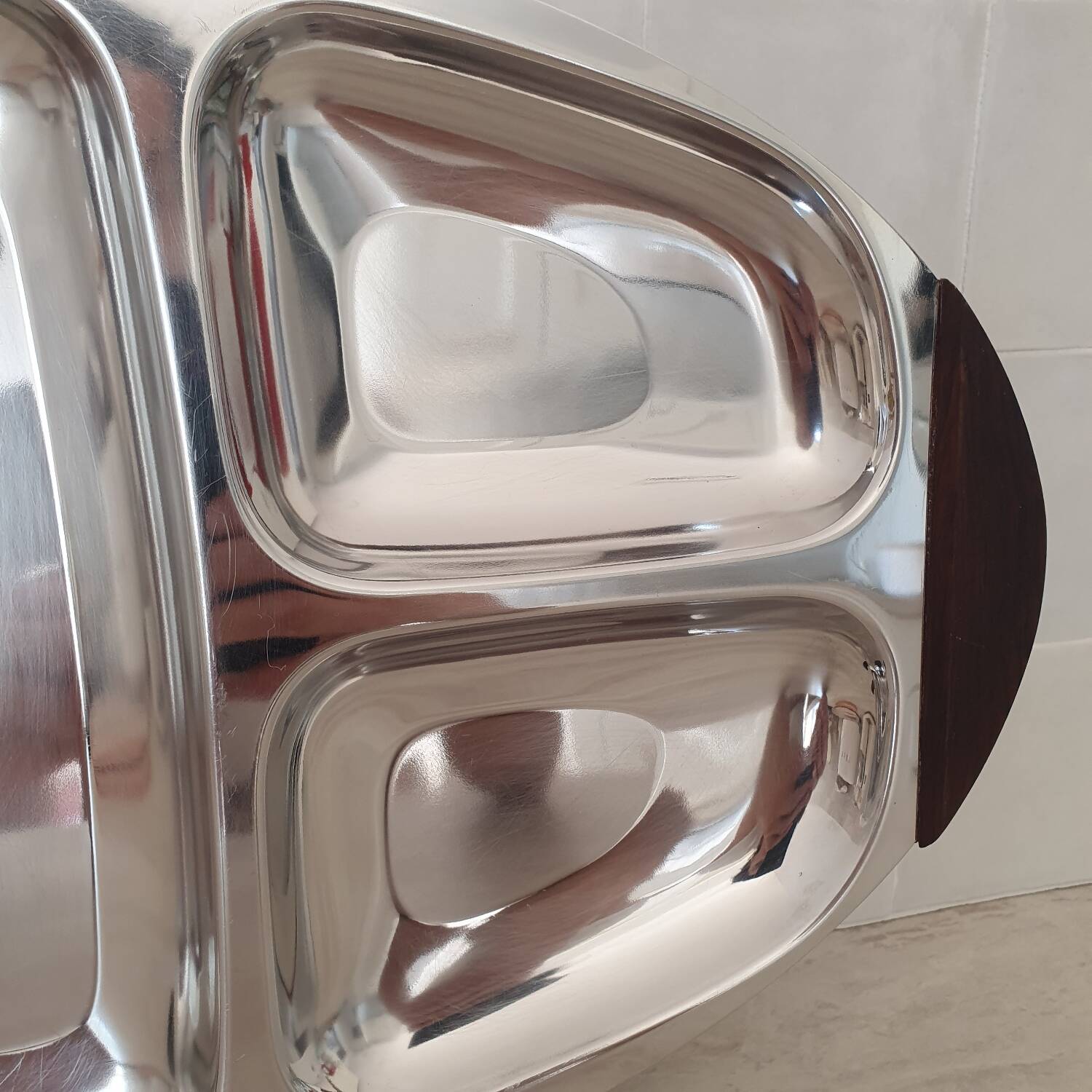 Plateau inox 18/10 poignées en bois multi compartiment Vintage