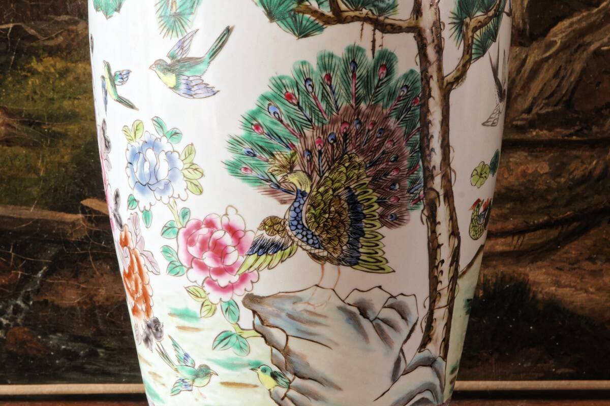 Chinese porcelain vase, peacocks, birds, trees, peonies