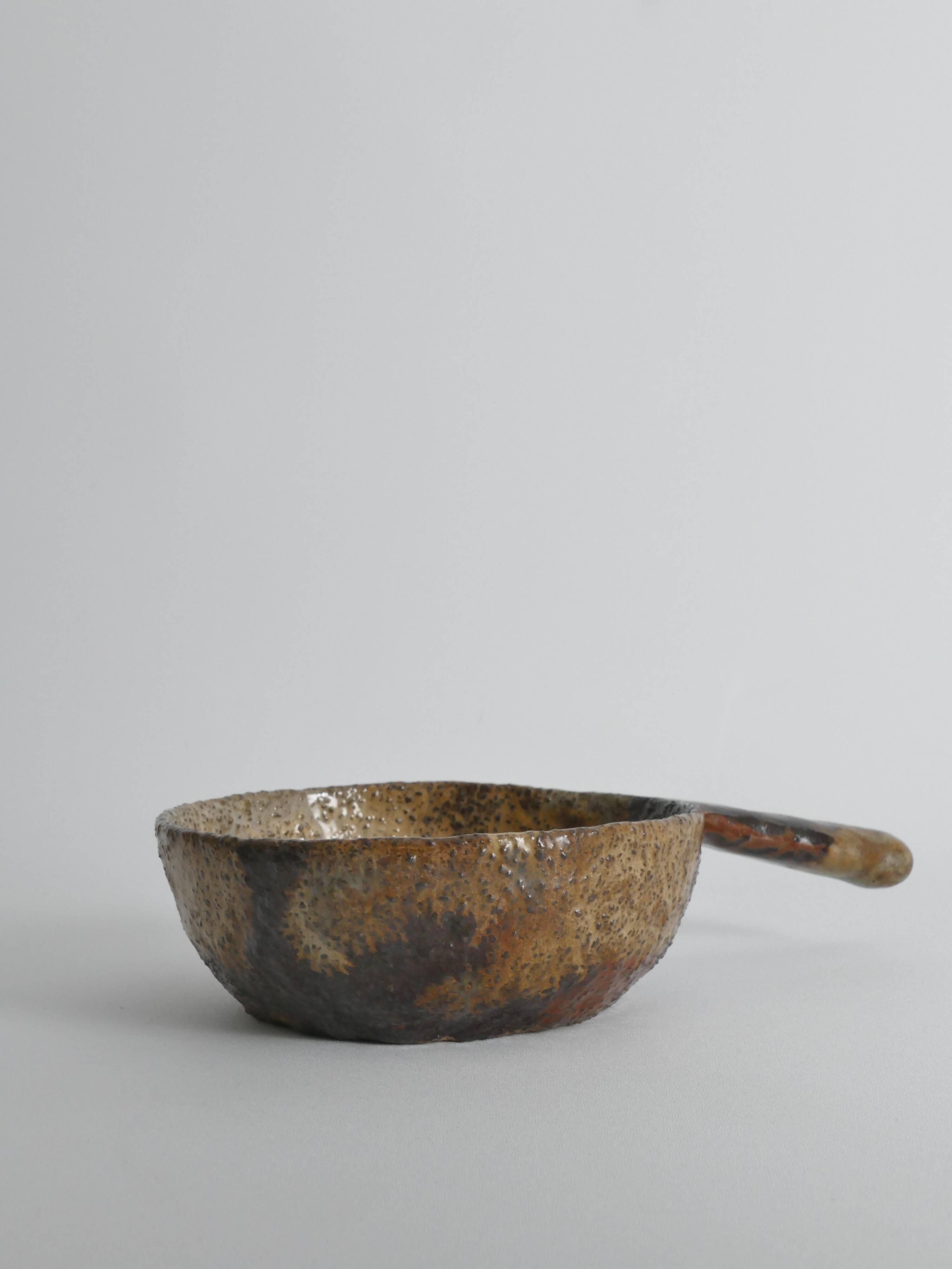 Textured Stoneware Bowl with Sculptural Handle, Handmade Studio Ceramic
