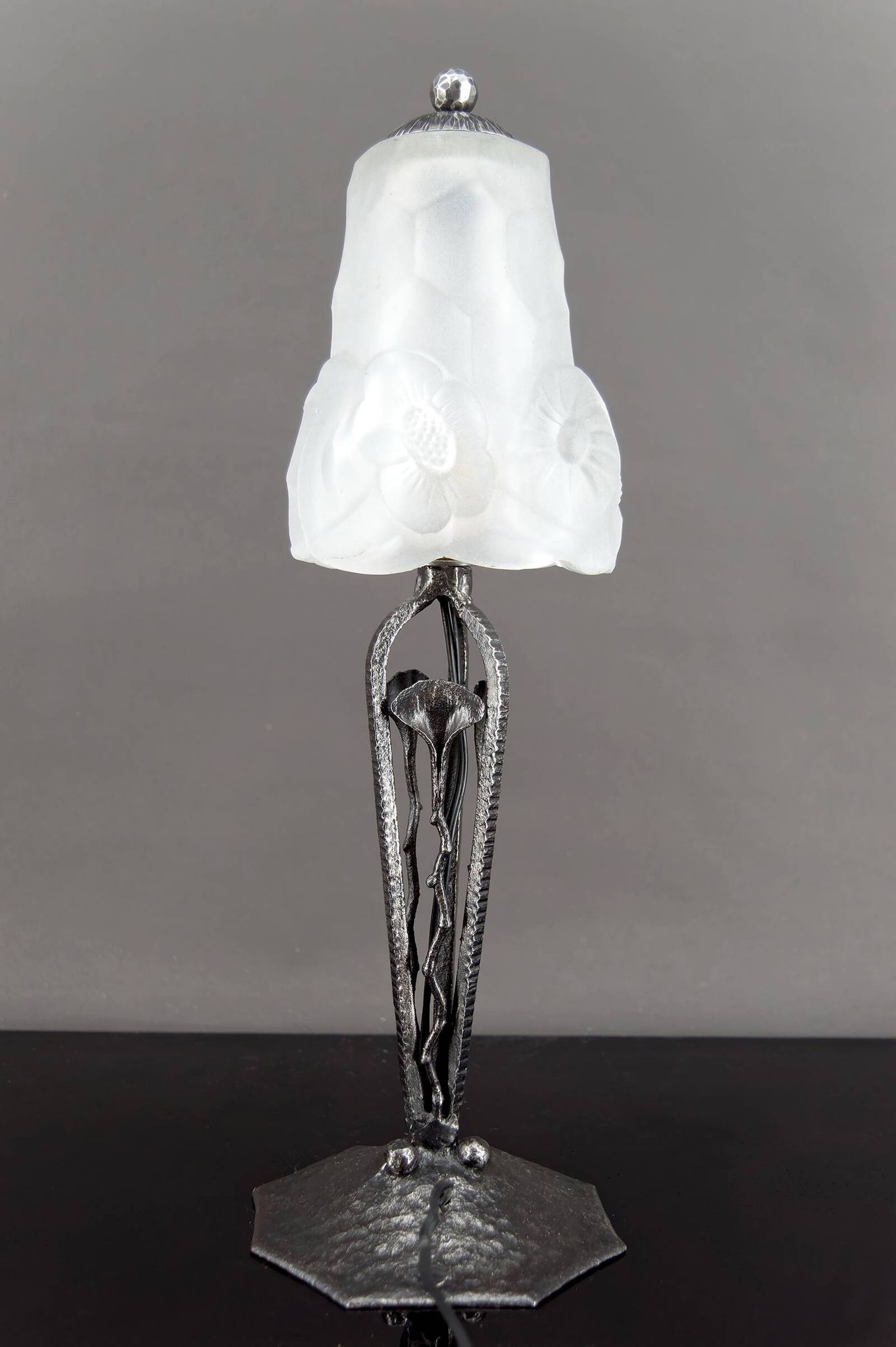 Art Deco Wrought Iron Lamp, Floral Tulip signed Degué, France, c. 1930