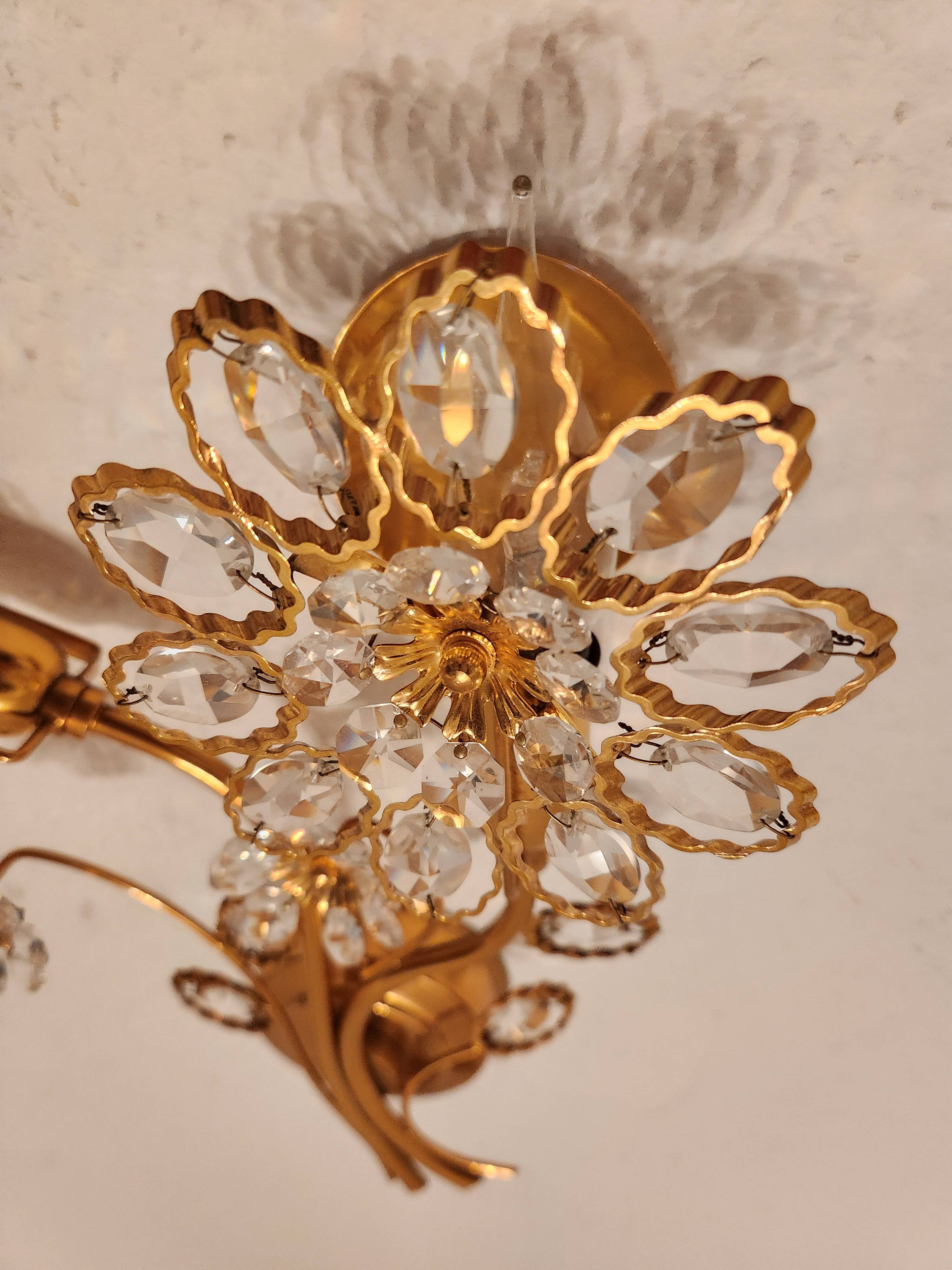Set Hollywood Regency Wandlampe vergoldet Messing Swarovski-Kristalle Palwa