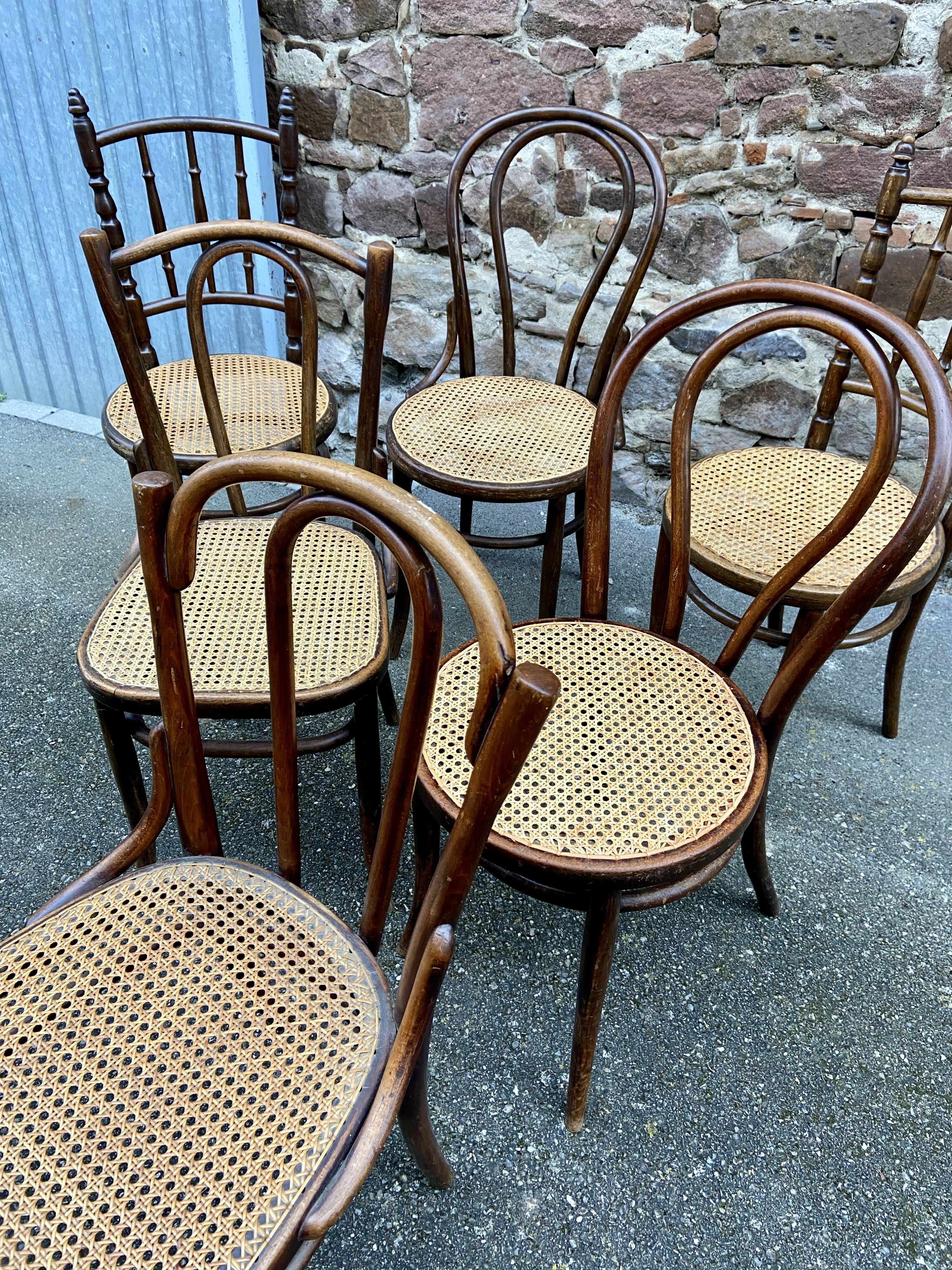 Set of 6 Thonet Fischel restaurant bistro chairs mismatch curved wood