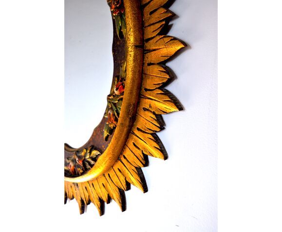Golden wooden sun mirror, France, 1980, 70cm