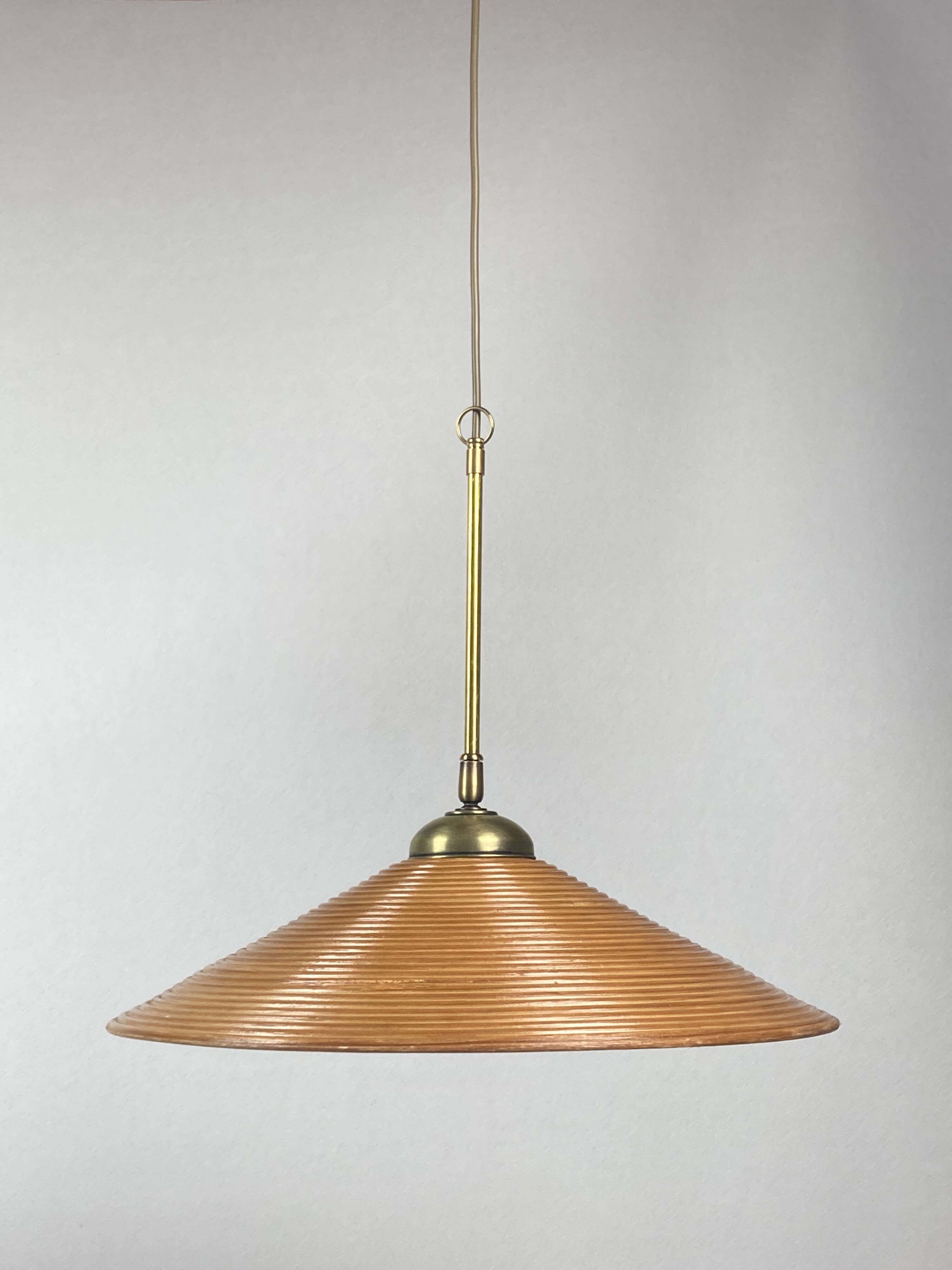 Lampe à Suspension Pencil Split Reed, Rotin, Bambou et Laiton, Italie, années 1970